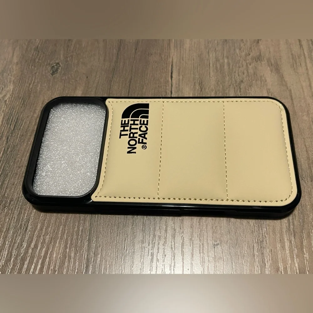 The North Face Beige Card Slot Leather Phone Case with Logo